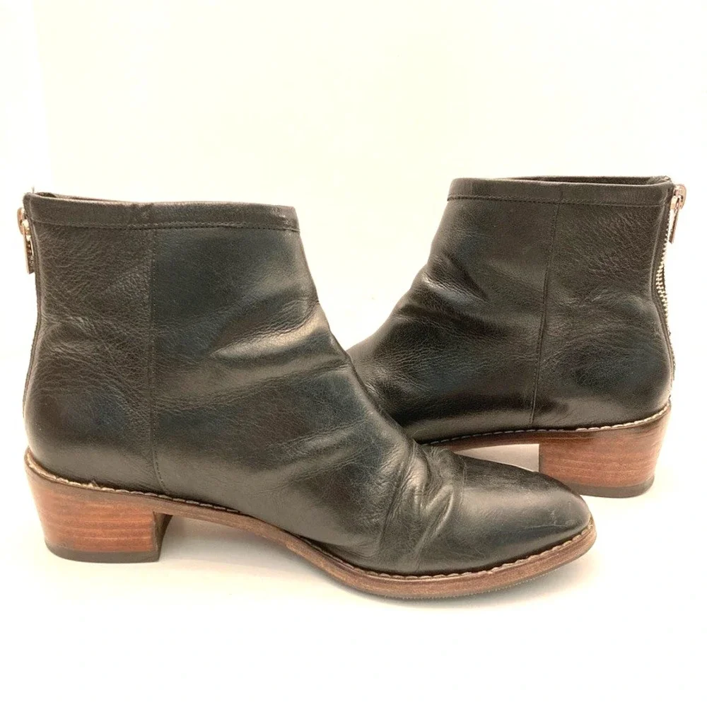 Loeffler Randall Felix US 7.5 B Black Leather‎ Ankle Boots Mid Heel Back Zip